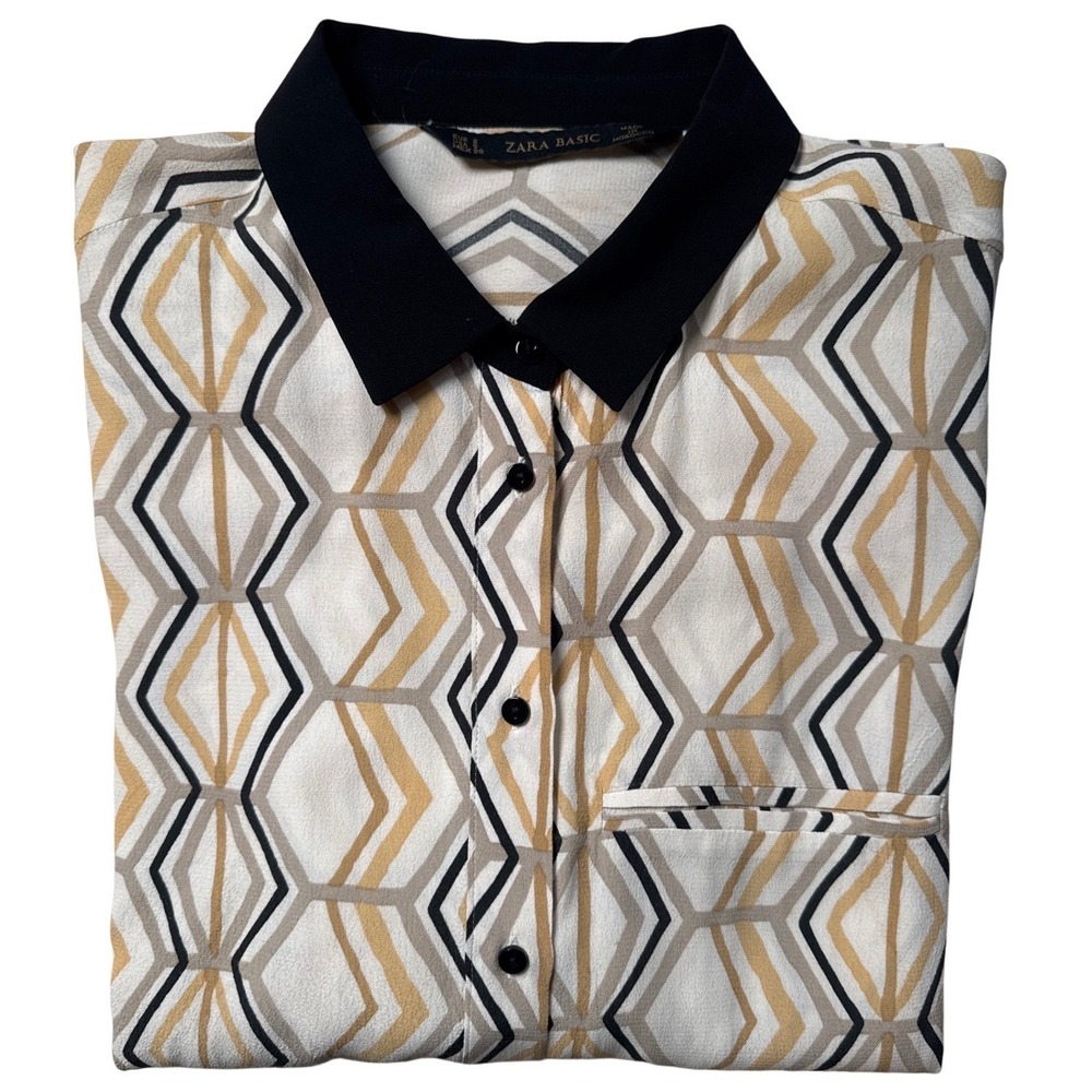 ZARA Basic Geometric Print Button Down‎ Long Sleeve Shirt Women's Size S - Picture 9 of 9